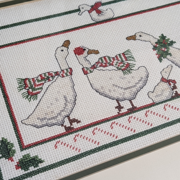 Vintage Cross Stitch Framed 8 Geese Gathering Christmas Holiday Blue Bird Holly - Picture 9 of 11